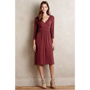 Maeve Anthropologie Galena Dress Women Small Burgundy Midi 3/4 Sleeve Boho
